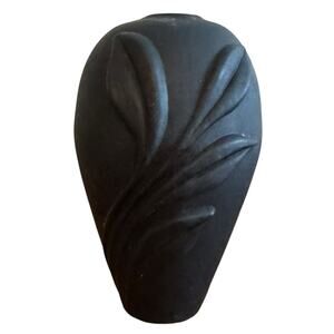 Vintage Black Satin Glass Vase Two's Company Hand Blown Leaf Embossed MCM Decor